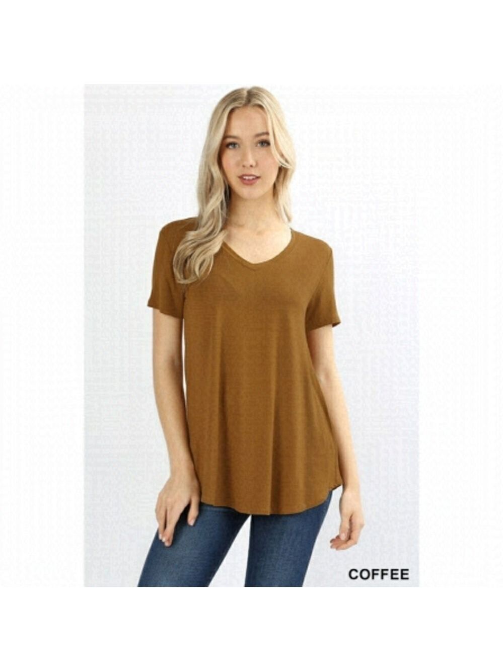 ZENANA Rayon Short Sleeve V neck Coffee Color Top Size 1XL NWT